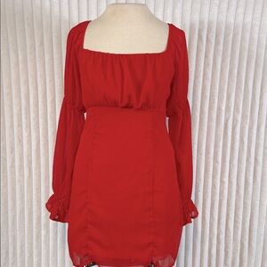 Blue rain red long sleeve sheer chiffon, square neck mini dress S romantic chic